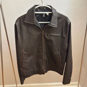 H&M Distressed Dark Brown Faux Leather Zip Up Jacket